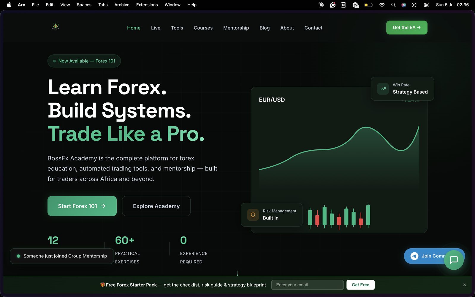 The live BossFx Academy homepage: Learn Forex. Build Systems. Trade Like a Pro.